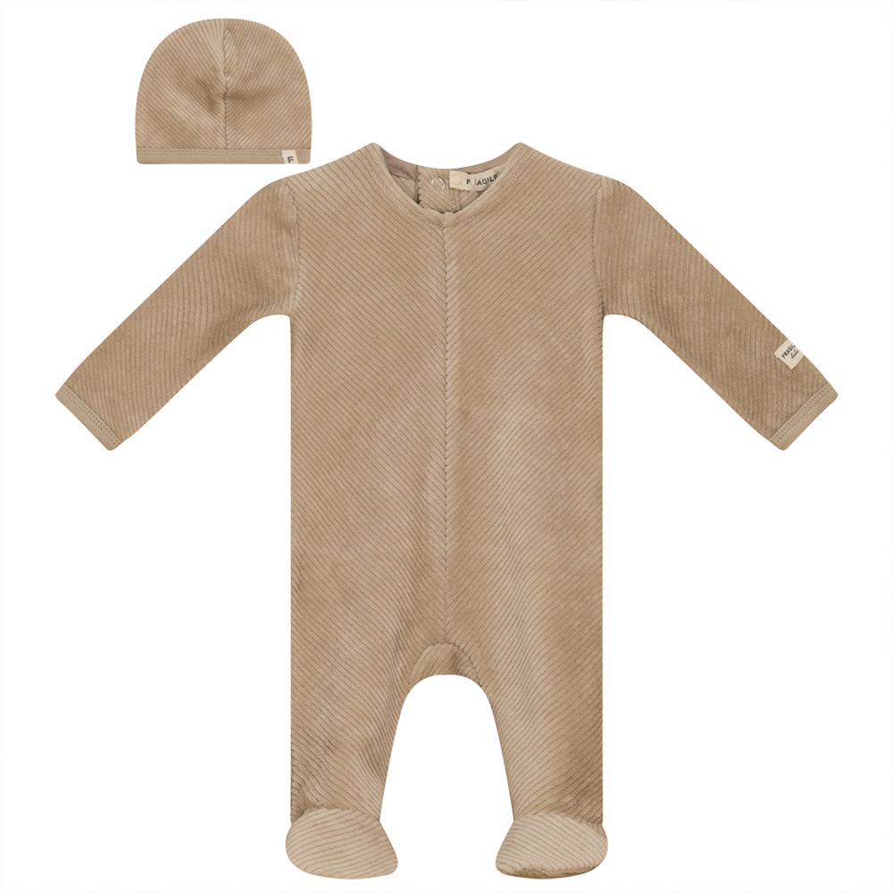 Ribbed Velour Onesie with Hat Stone