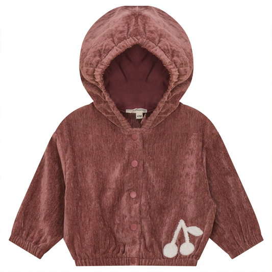 Velour Hoody Cardigan with Cherry Hook Stitchs Berry