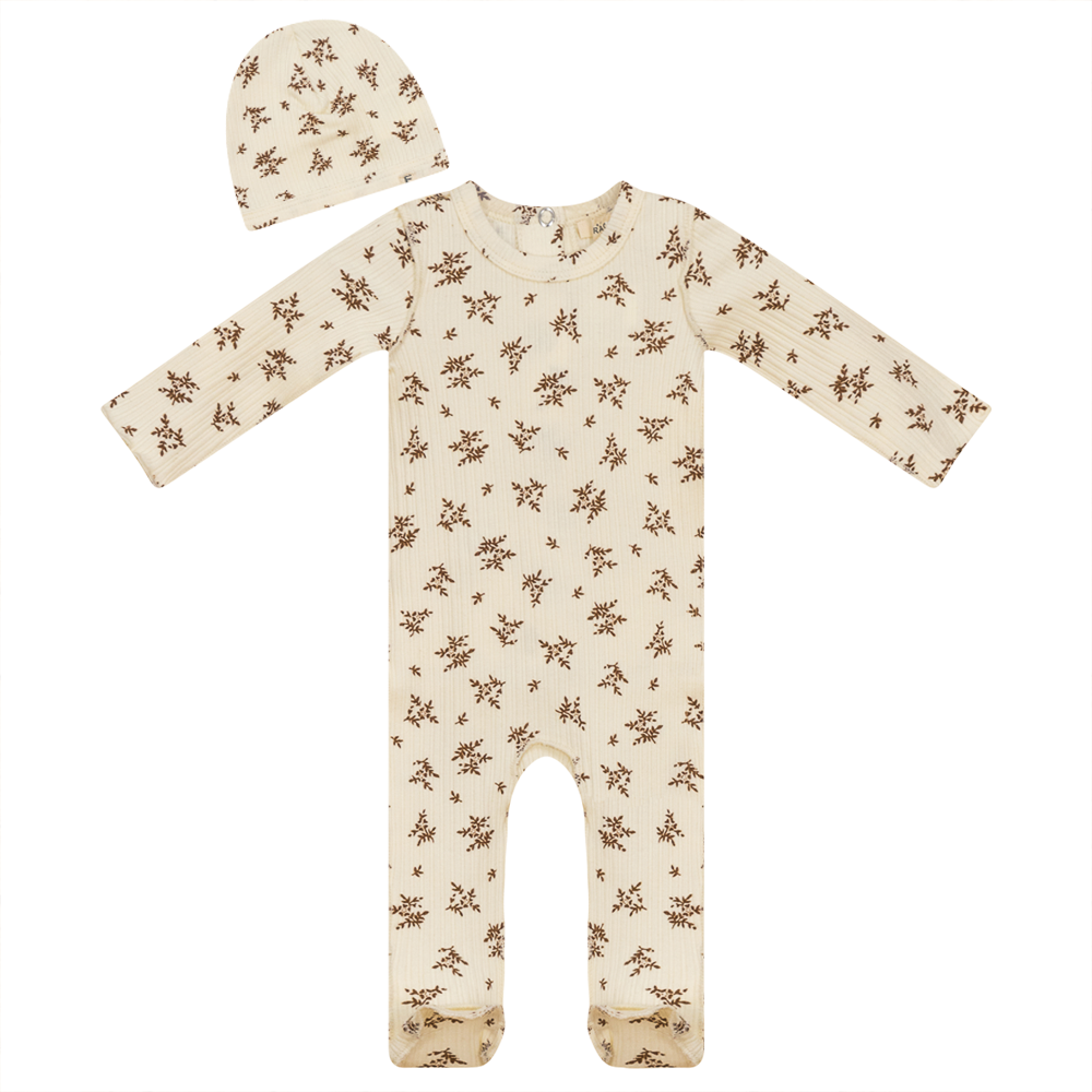 Flower Print Onesie with Hat Off White Cognac