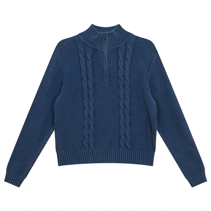 Cable Knit Crew Neck Washed Denim