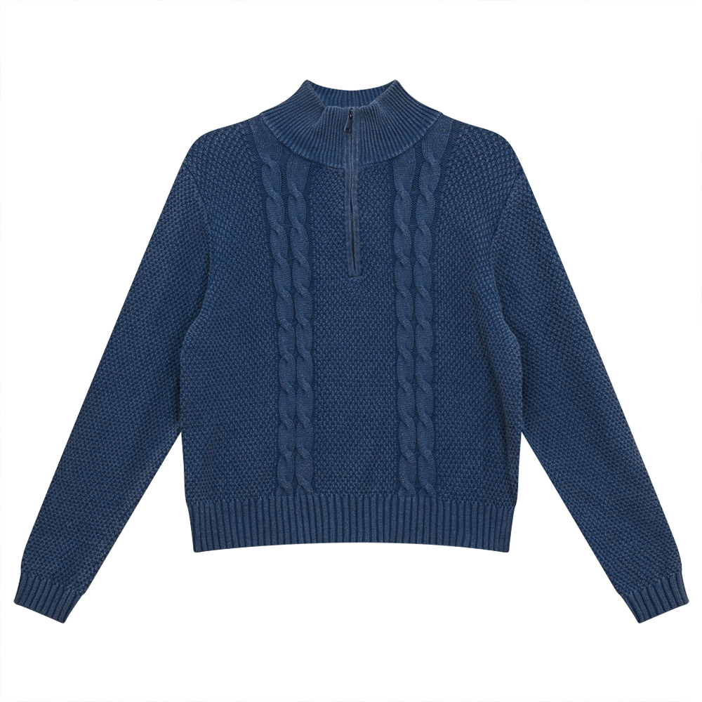 Cable Knit Crew Neck Washed Denim