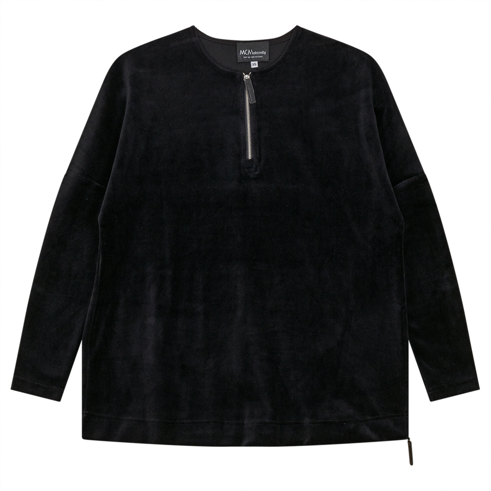 Maternity Henley Velour Zip Top Black