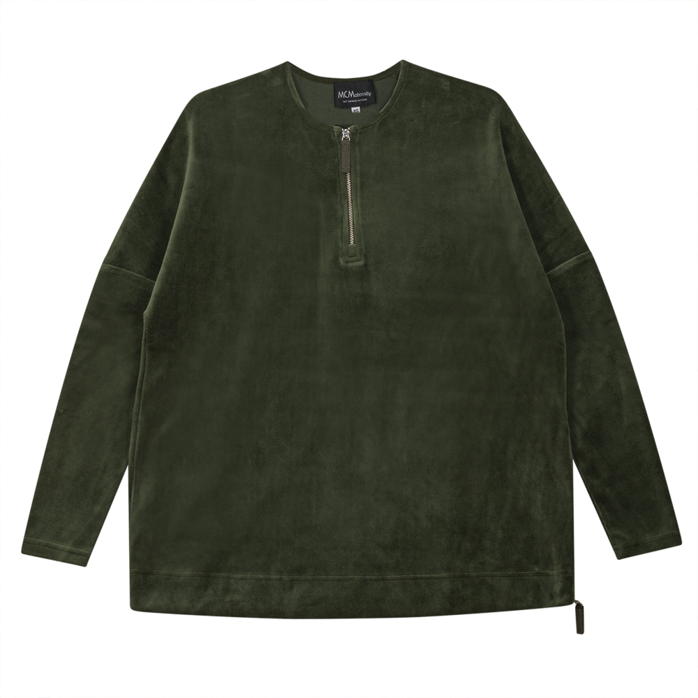 Maternity Henley Velour Zip Top Dark Olive