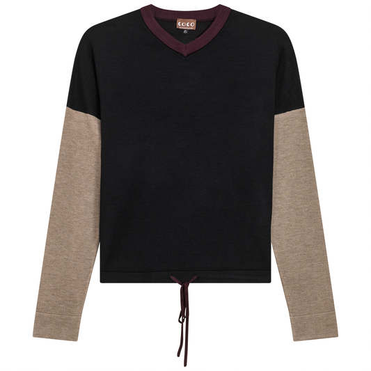 Color Blocked V Neck Bungee Sweater Black Stone