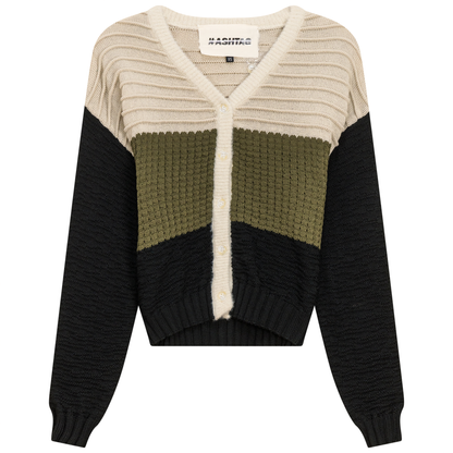 Cropped Knit Color Blocked Cardigan Oatmeal Dark Olive Black