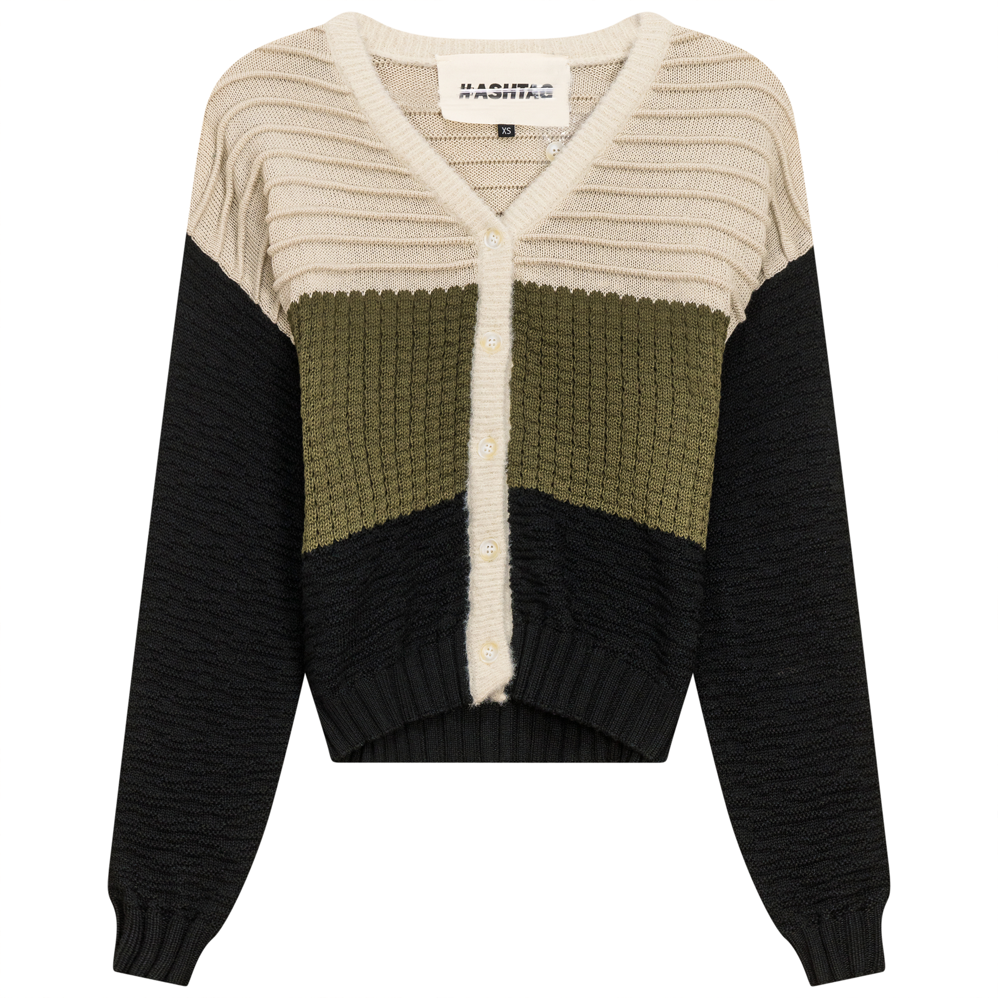 Cropped Knit Color Blocked Cardigan Oatmeal Dark Olive Black