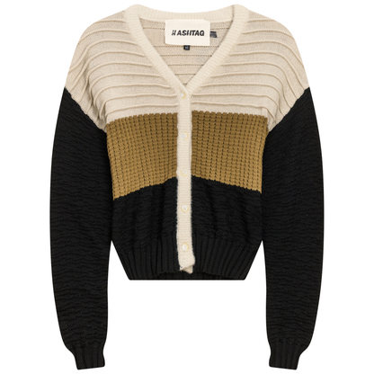 Cropped Knit Color Blocked Cardigan Oatmeal Taupe Black