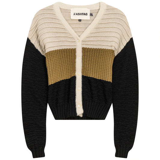 Cropped Knit Color Blocked Cardigan Oatmeal Taupe Black