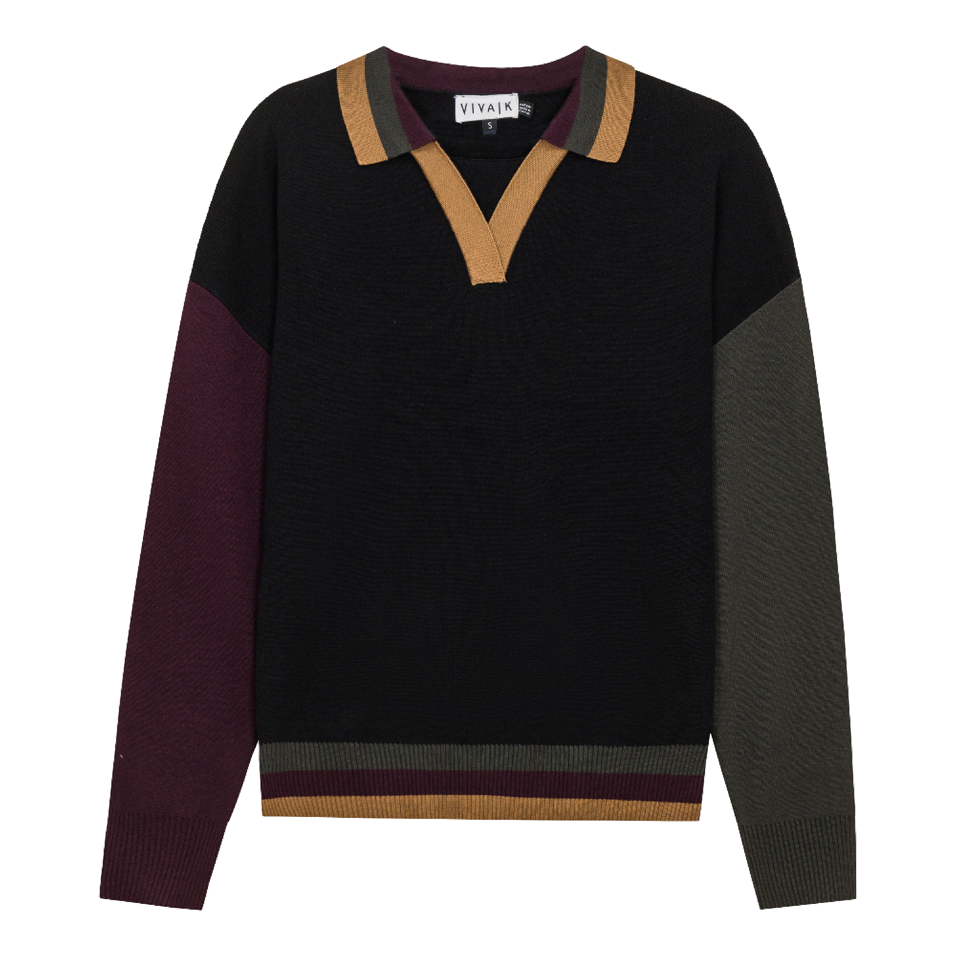 Color Blocked V Neck Knit Sweater Black Dark Olive