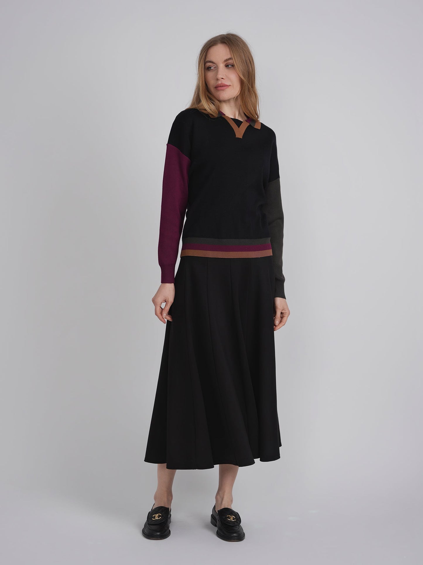 Color Blocked V Neck Knit Sweater