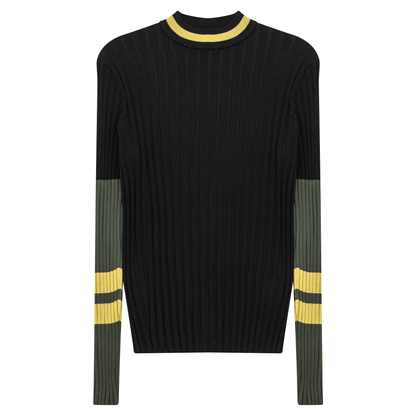 Ribbed Striped Knit Sweater Black Mustard