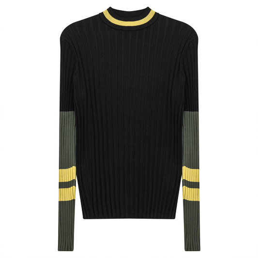 Ribbed Striped Knit Sweater Black Mustard