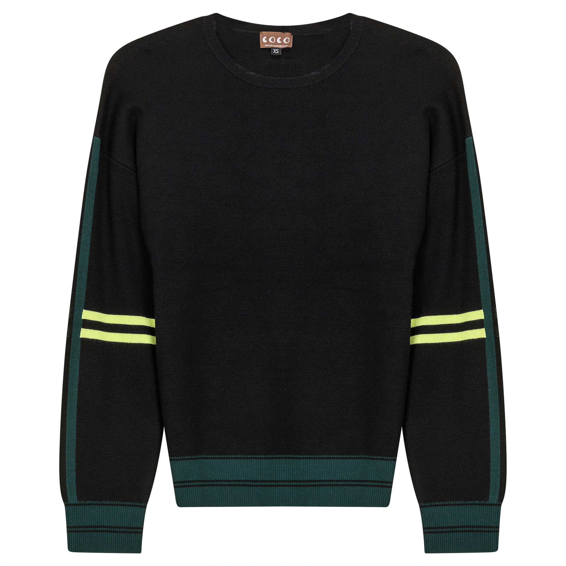 Knit Stripped Sleeve Drop Shoulder Sweater Black Neon Green