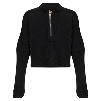 Cropped Zip Henley Sweatshirt Black