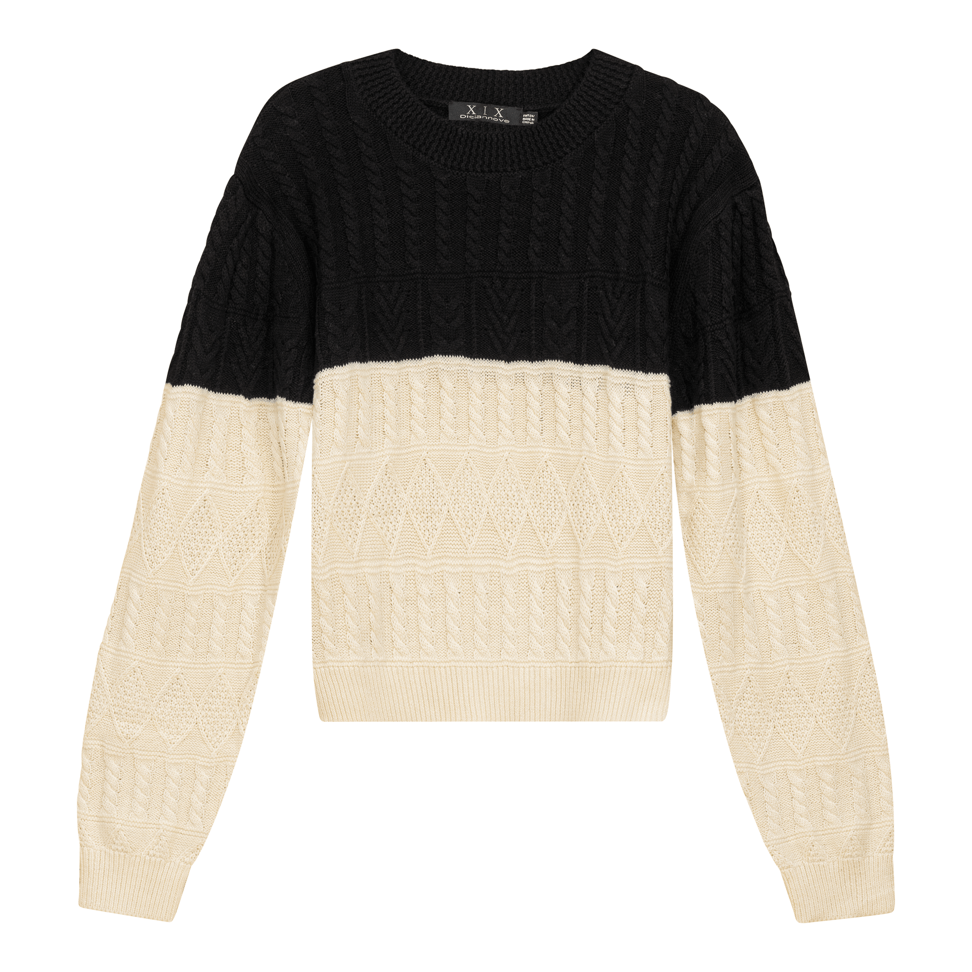 Cropped 2 Tone Cable Knit Sweater Black Cream