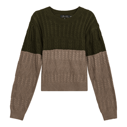 Cropped 2 Tone Cable Knit Sweater Olive Stone
