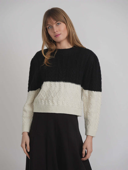 Cropped 2 Tone Cable Knit Sweater