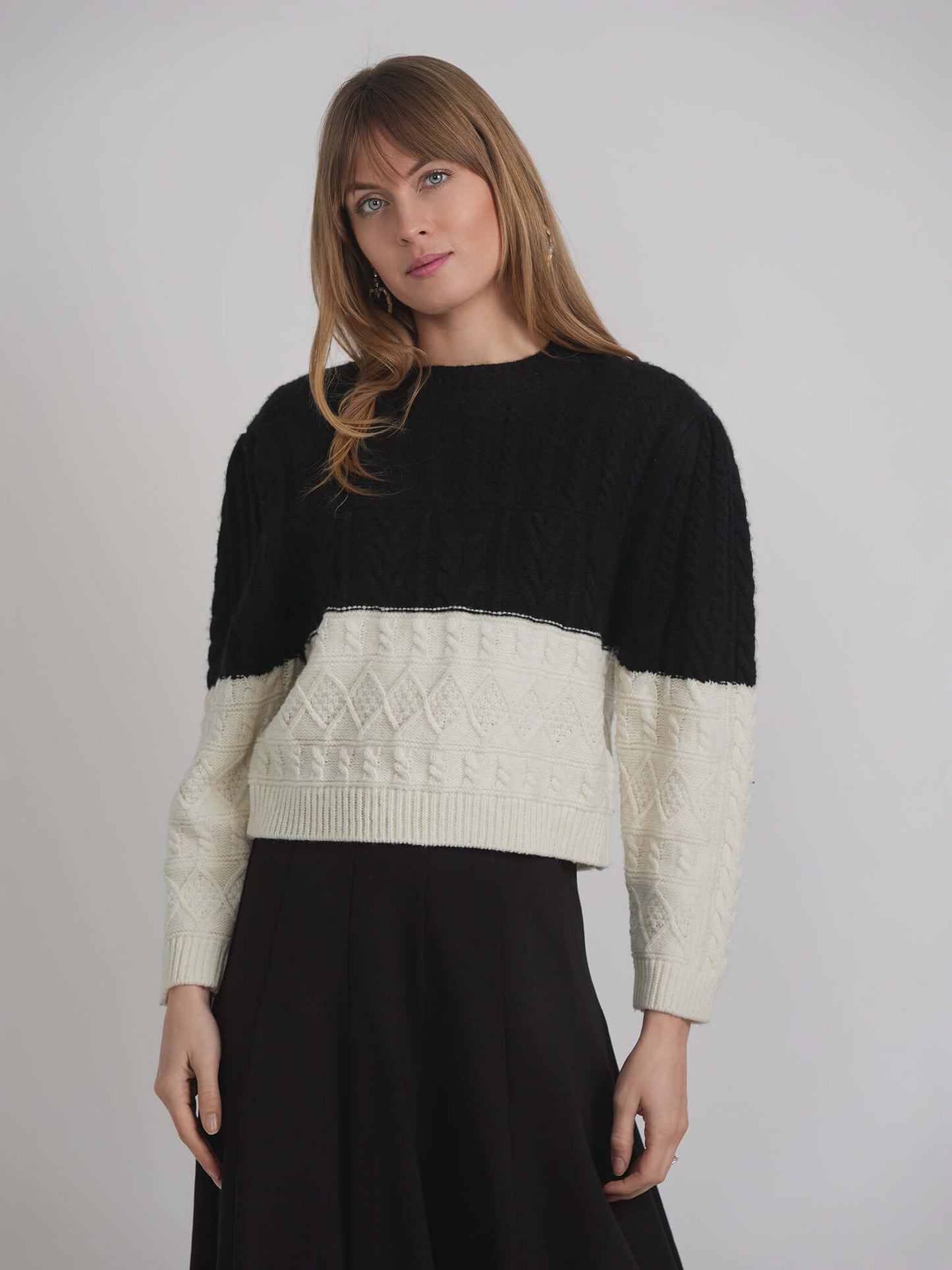 Cropped 2 Tone Cable Knit Sweater
