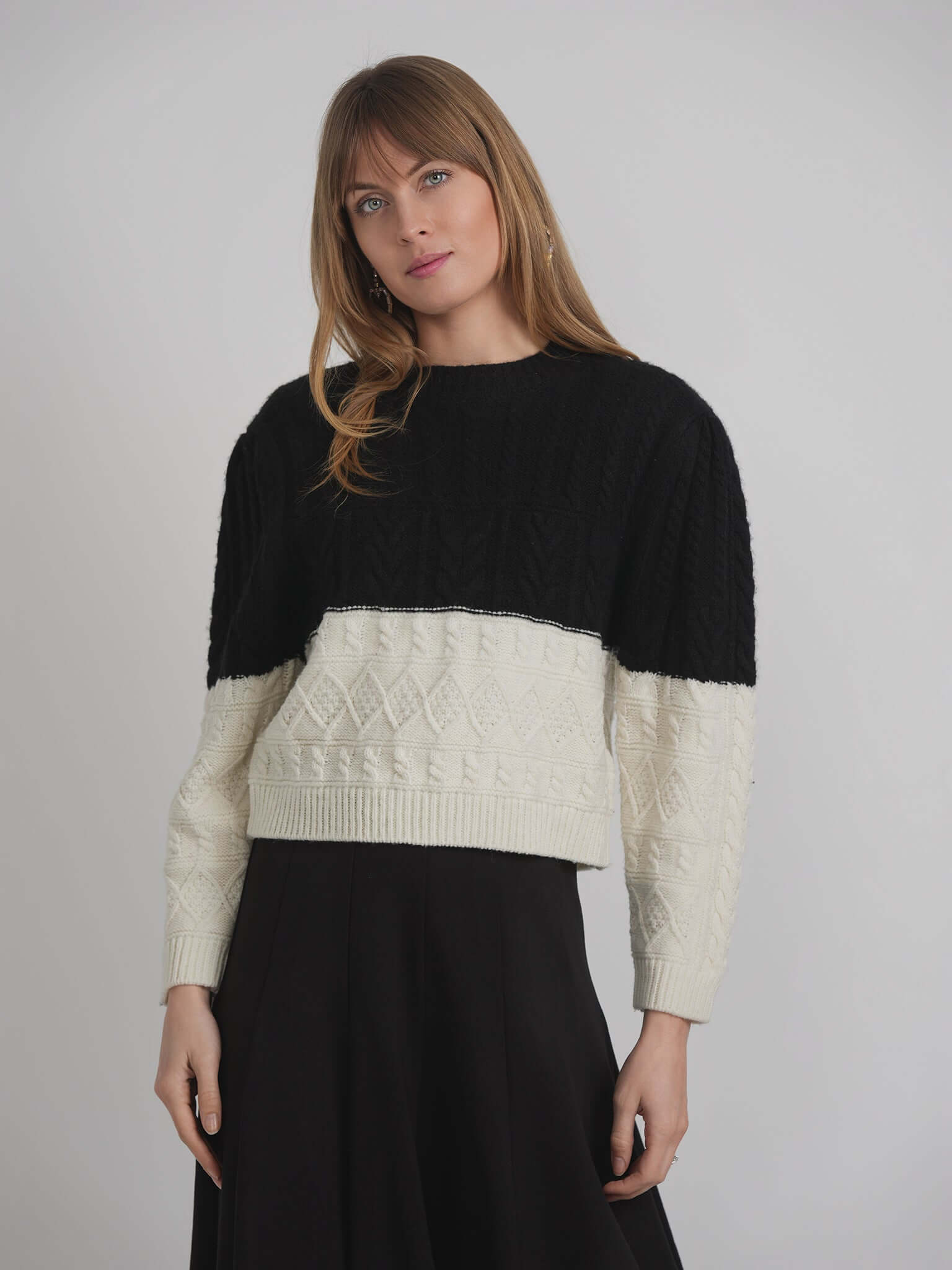 Cropped 2 Tone Cable Knit Sweater