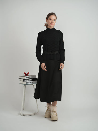 Cable knit Quilt Sweater With Belt