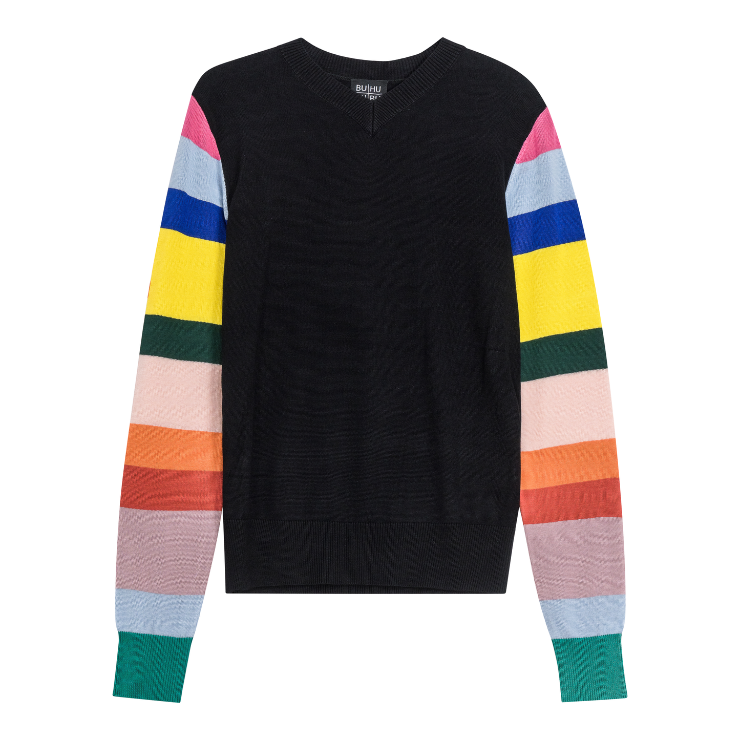 V Neck Sweater With Striped Sleeves Black