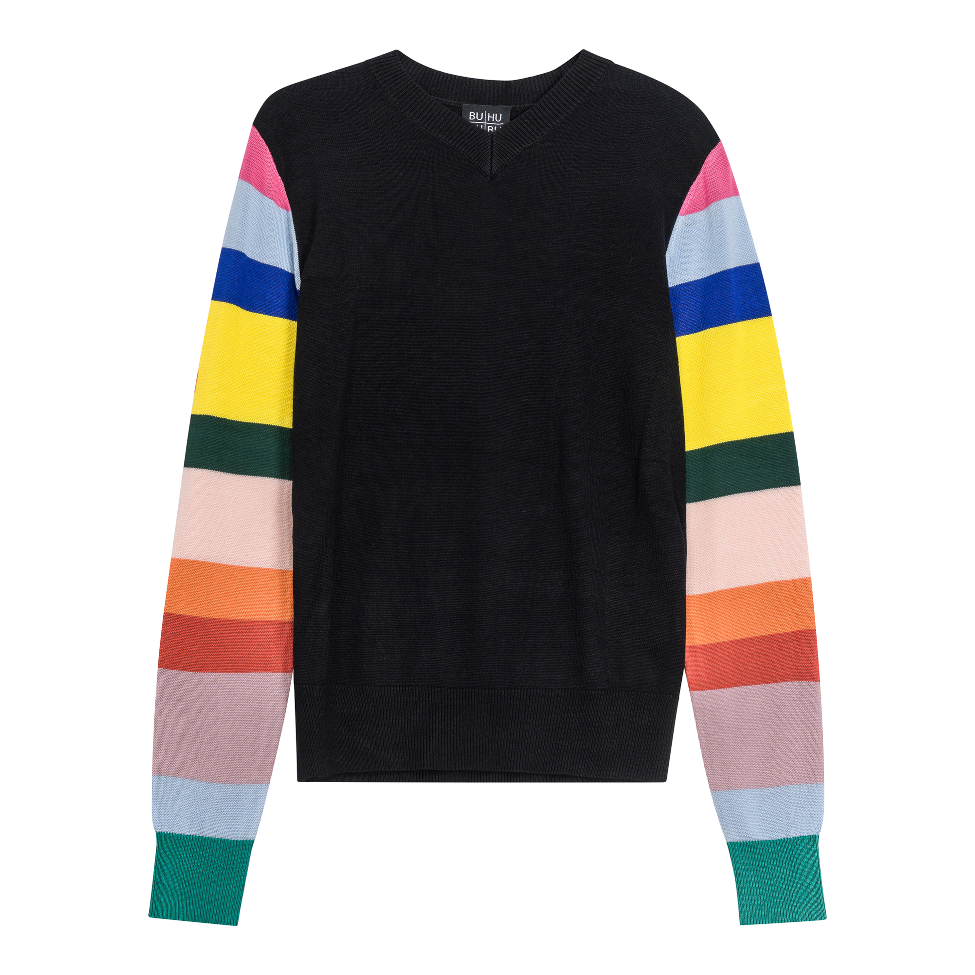 V Neck Sweater With Striped Sleeves Black