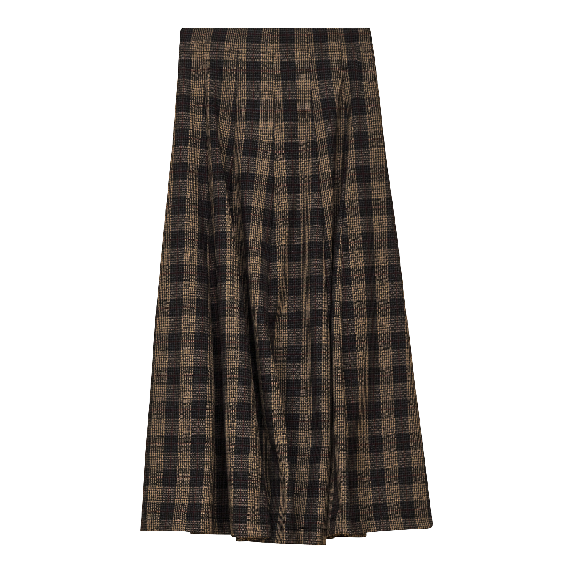 Paneled Midi Plaid Skirt Black Taupe