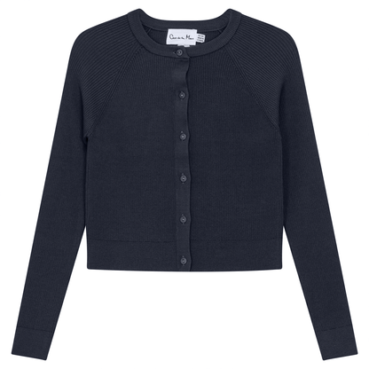 Cropped Ribbed Knit Cardigan Navy