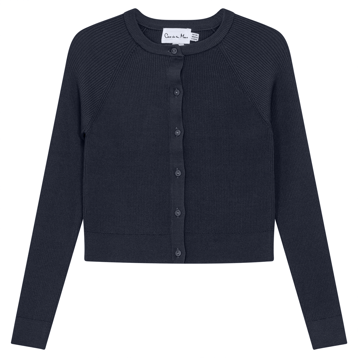 Cropped Ribbed Knit Cardigan Navy