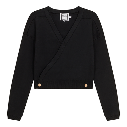 Cropped Double Breasted Wrap Sweater Black