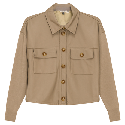 Cropped Leather Combo Jacket Oatmeal