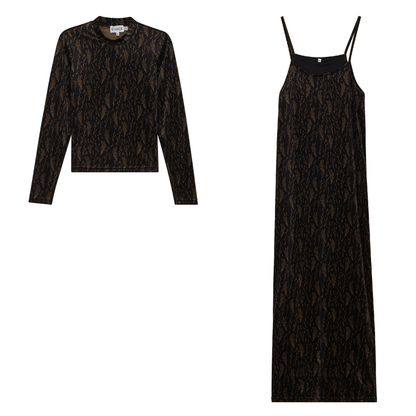 Printed Velour Jumper Mock Neck Set Black Taupe
