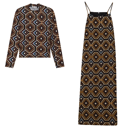 Printed Chifffon Midi Jumper Set Black Taupe