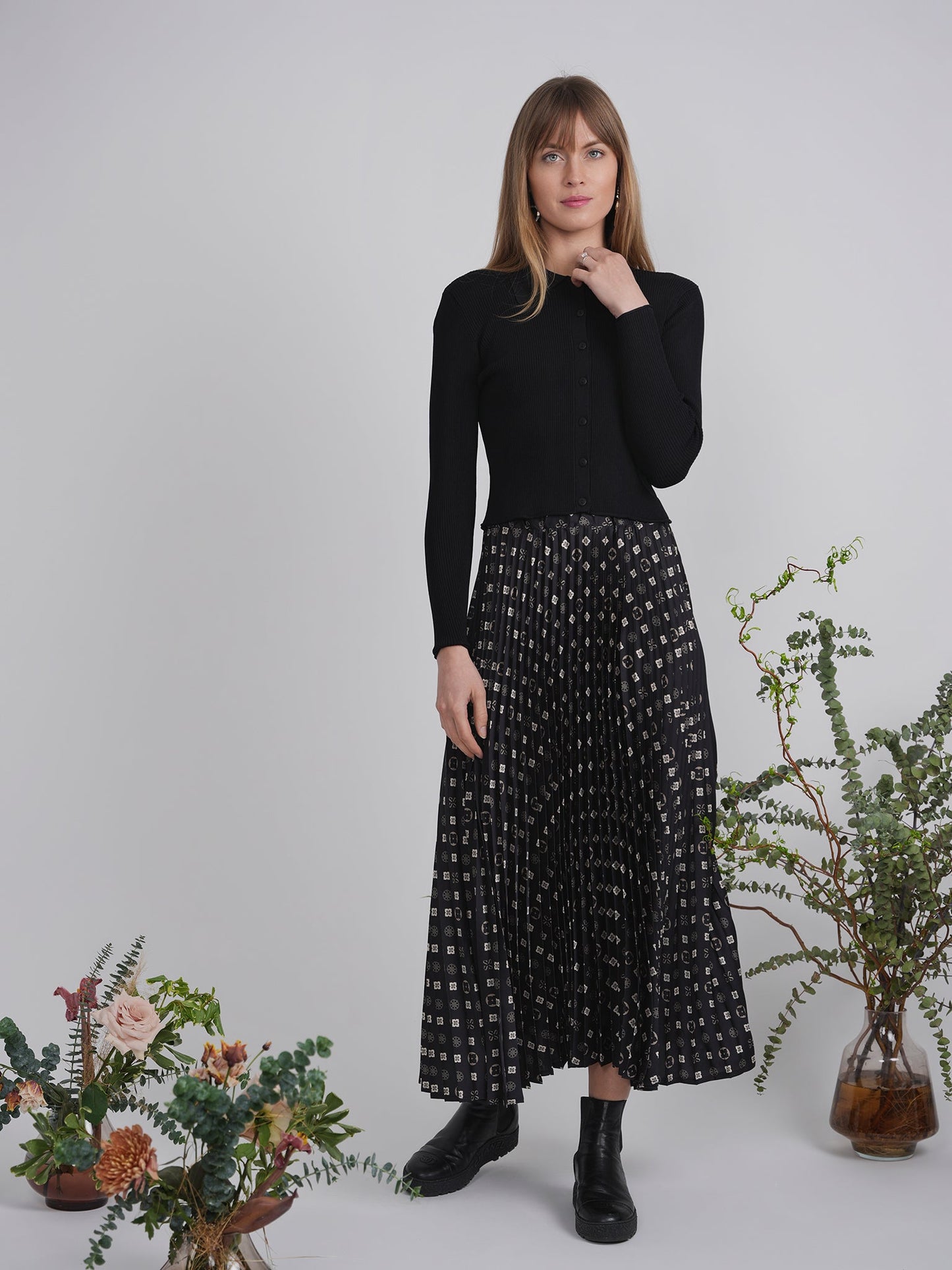 Accordian Pleated Abstract Midi Skirt