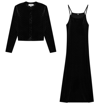 Checked Velour 2 PC Maxi Dress Black