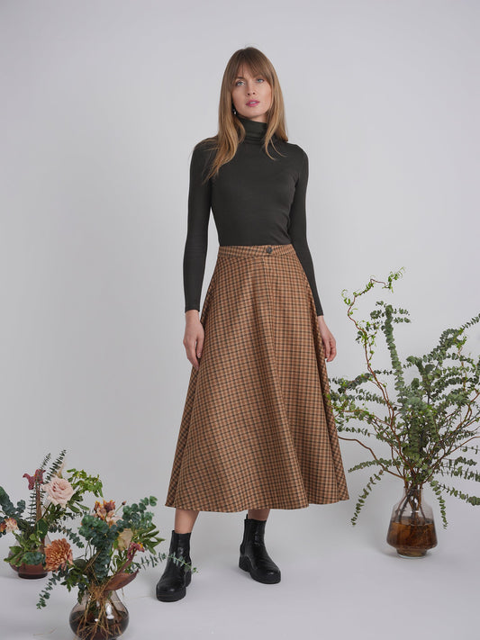 Plaid Fly Front Midi Skirt