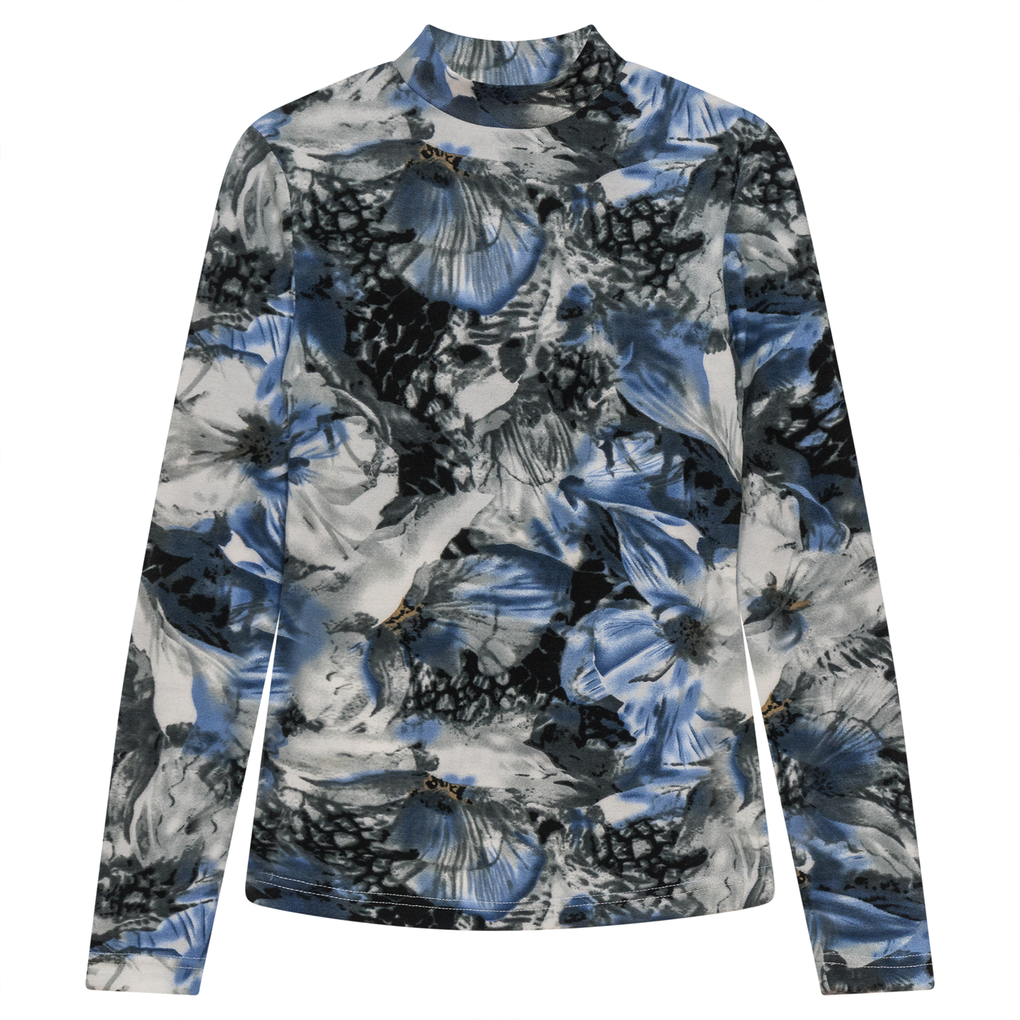 Printed Knit Mock Neck Tee Black Blue