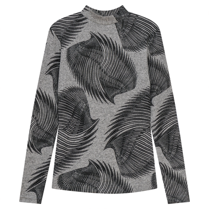 Printed Knit Mock Neck Tee Grey Wave