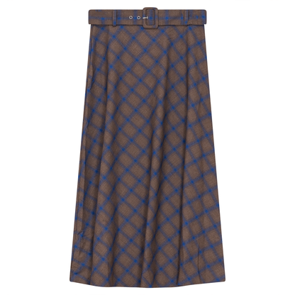 Plaid Belted Skirt Mocha Blue