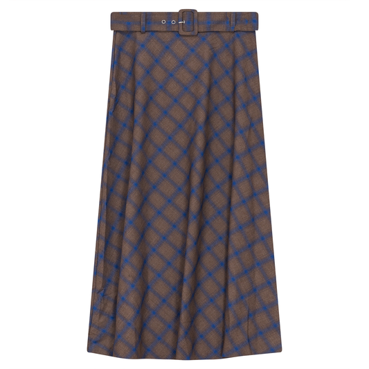 Plaid Belted Skirt Mocha Blue