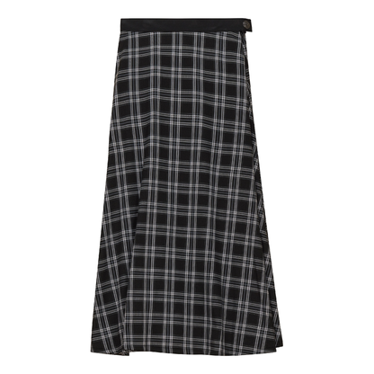 Plaid Fly Front Midi Skirt Black Grey