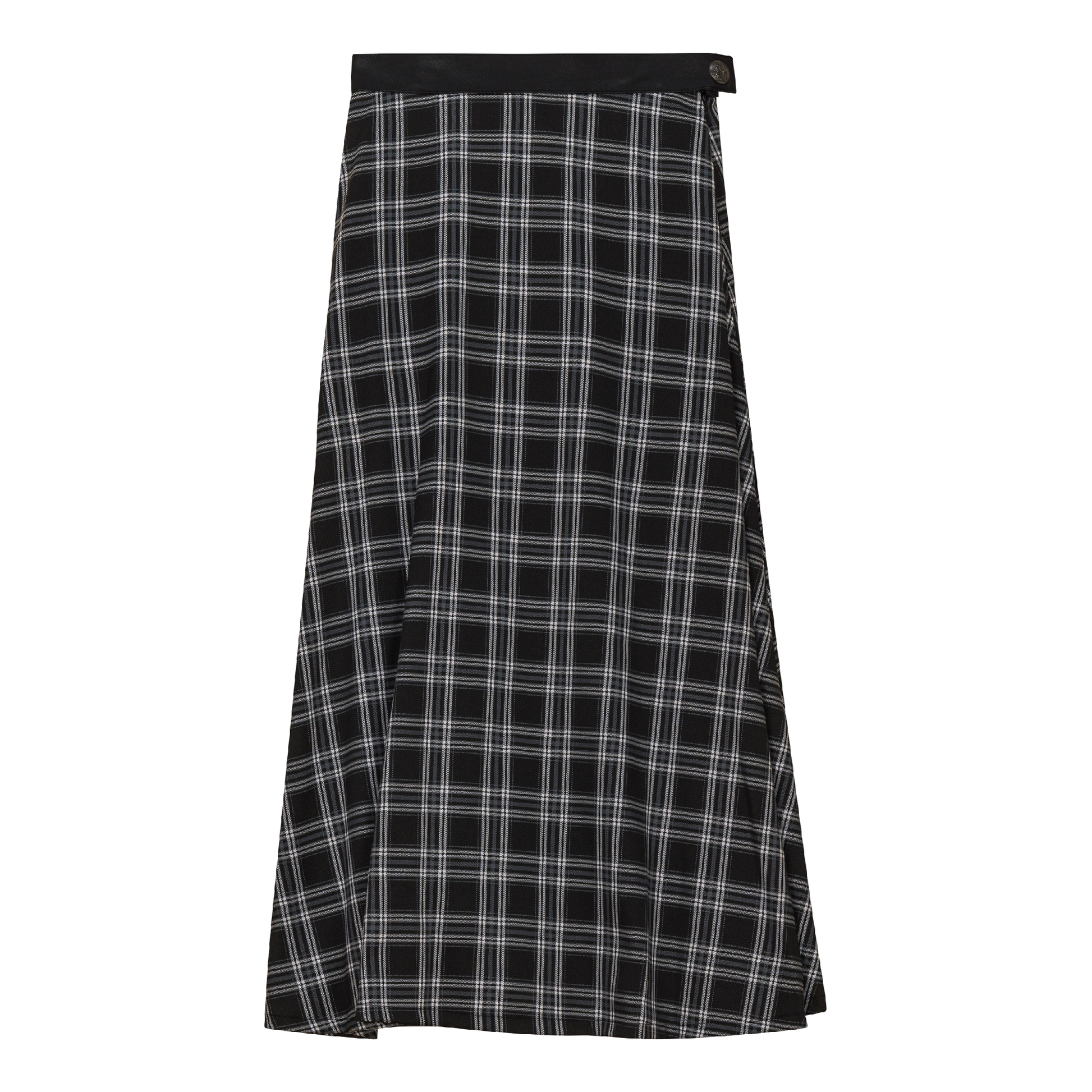 Plaid Fly Front Midi Skirt Black Grey