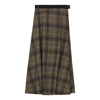 Plaid Fly Front Midi Skirt Mocha Blue