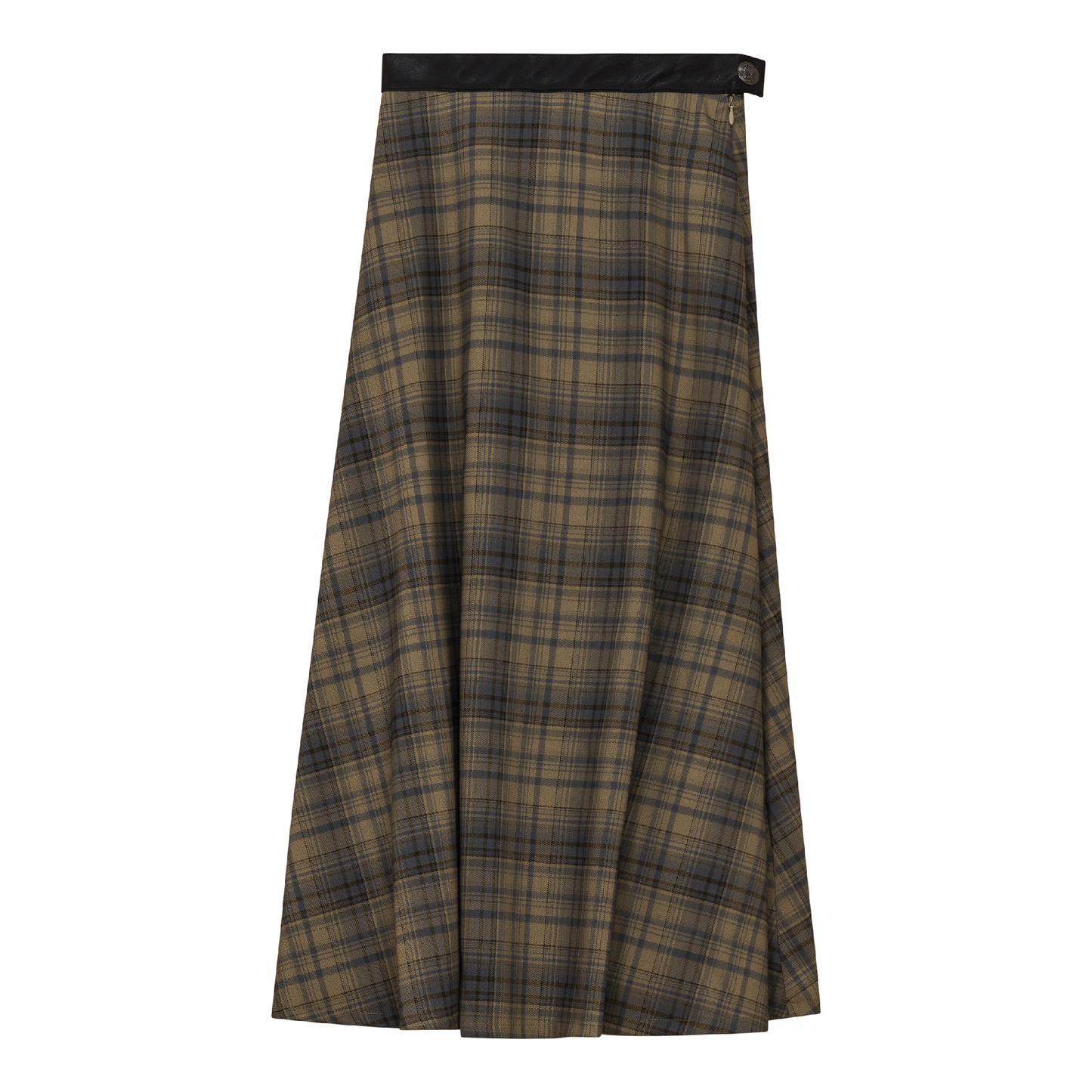 Plaid Fly Front Midi Skirt Mocha Blue