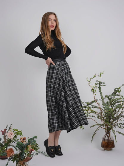 Plaid Fly Front Midi Skirt