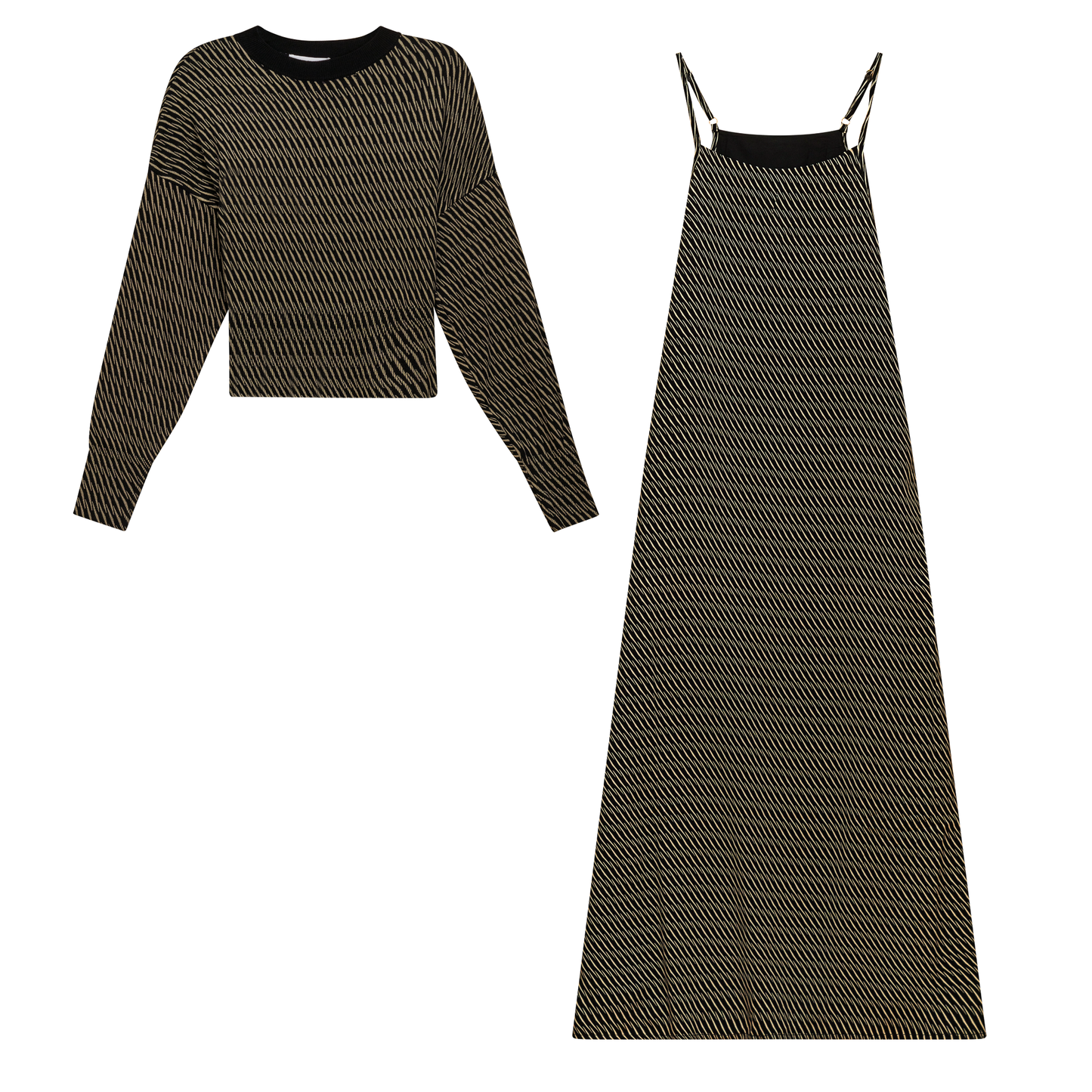 Printed Midi Jumper Set with Sweater Black Cream