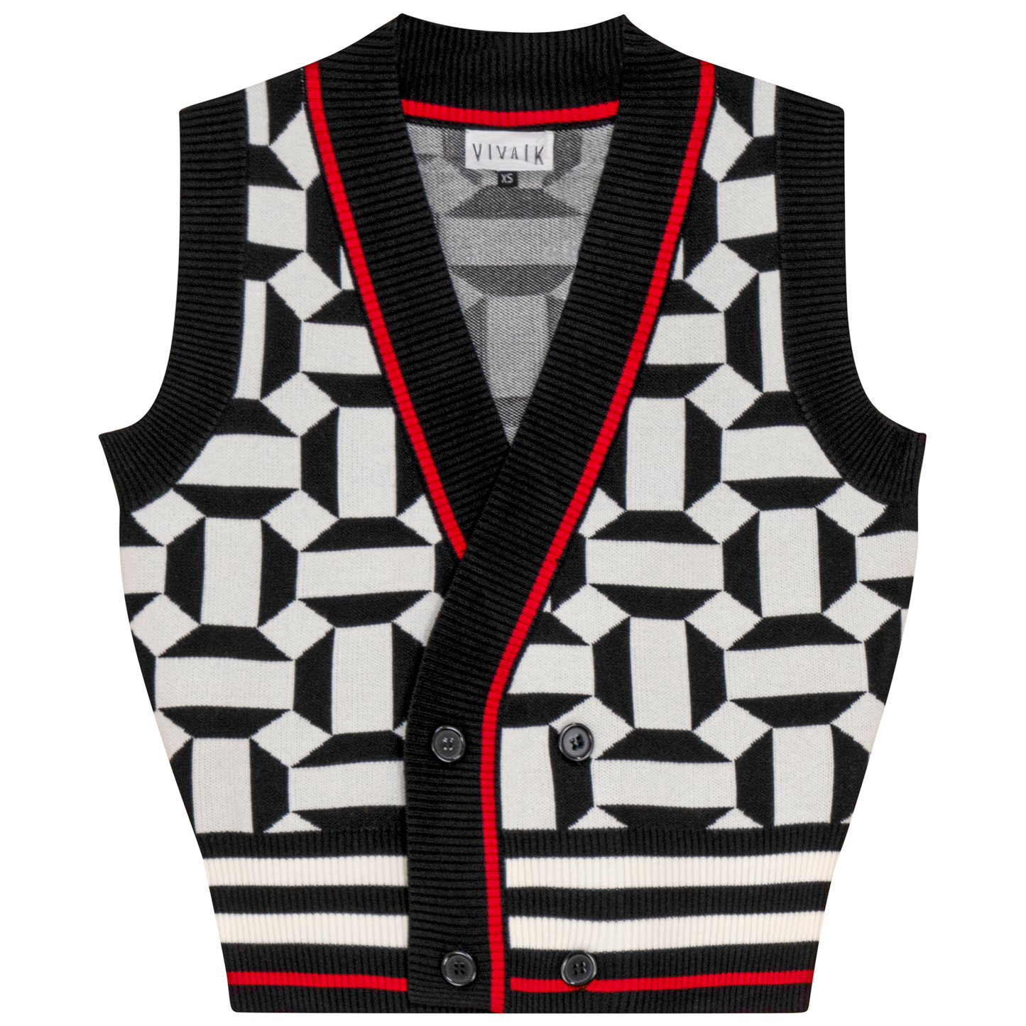 Printed Knit Cardigan Vest Black Cream