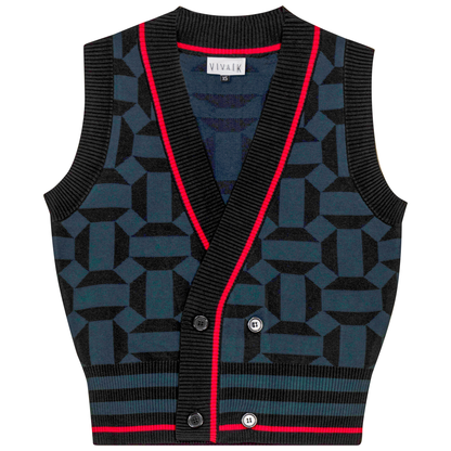 Printed Knit Cardigan Vest Black Deep Teal