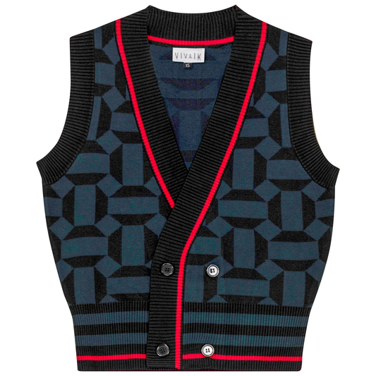Printed Knit Cardigan Vest Black Deep Teal