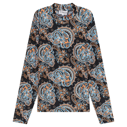 Printed Ity Mock Neck Top Black Paisley